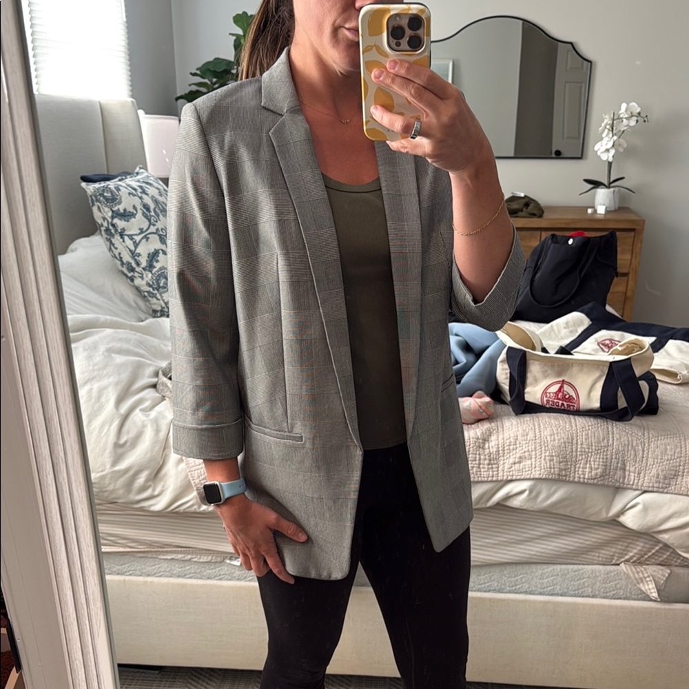 Express Gray Plaid Women's Blazer - Open Front Tailored Jacket